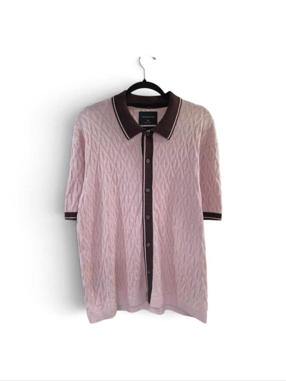 Abercrombie & Fitch Polo Sweater Mens M Pink Cable Knit Short Sleeve Cardigan